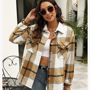 NIP Khaki Plaid Button Down Shirt Jacket Shacket Size L